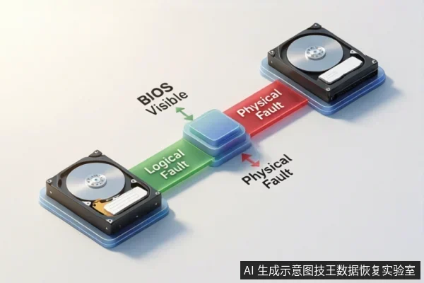 两台硬盘分别连接绿色“Logical Fault”和红色“Physical Fault”路径,中间有蓝色方块,箭头标注BIOS Visible与Physical Fault。