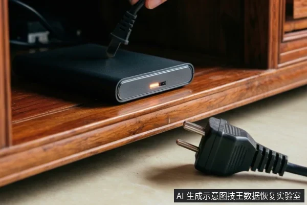 木柜上放着一块黑色移动硬盘,前端橙色指示灯亮起,一只手拿着USB插头对准硬盘接口,地面放着一个未插入的两脚电源插头。