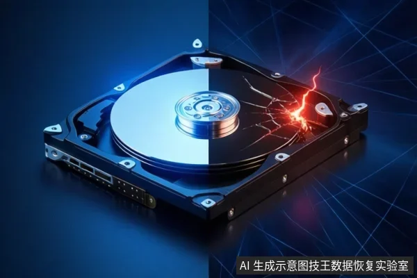 一块机械硬盘的盘片被分为两半,左侧为正常状态,右侧出现裂纹和红色电火花,背景为蓝色科技线条。