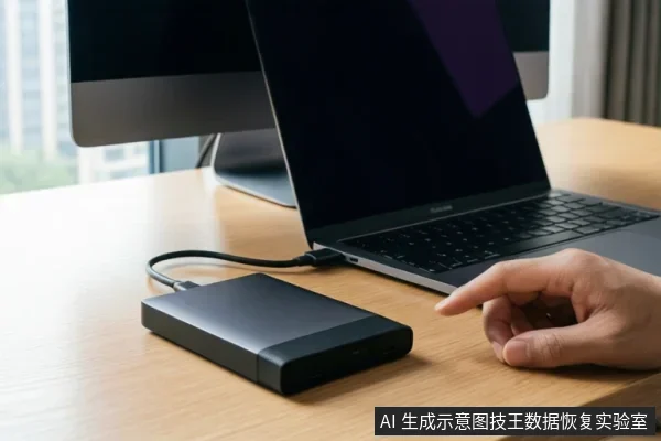 木桌上有一台笔记本电脑和显示器，一个黑色移动硬盘通过线缆连接在笔记本侧面，一只手伸向键盘区域。