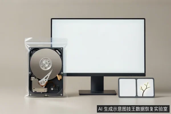 桌面上透明防静电袋内装一块开盖机械硬盘,可见盘片与磁头臂,旁边是一台空白屏幕显示器和两个小相框。