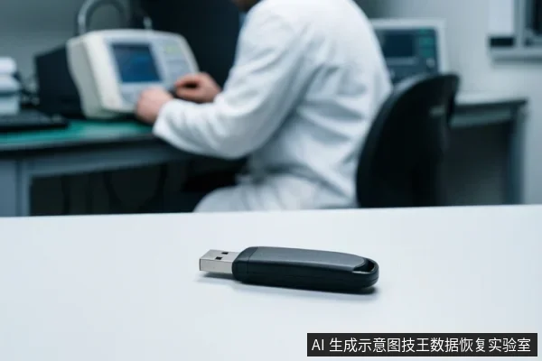 白色桌面上放着一支黑色U盘，背景虚化处有一名穿白大褂的人坐在电脑前操作仪器。