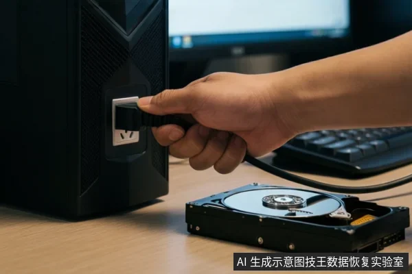 一只手正将电源线插头插入台式电脑机箱背部的电源接口,桌面上放着一块裸露的机械硬盘,背景有键盘和显示器。