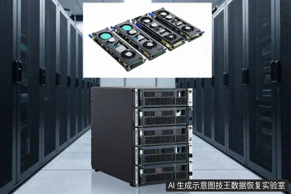 机房内一台4U服务器机箱,上方叠加显示四块带散热风扇的GPU加速卡。