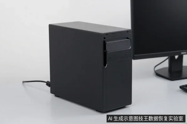 黑色台式电脑主机侧面，前置面板可见光驱位，后方连出一根黑色线缆，右侧露出显示器局部。