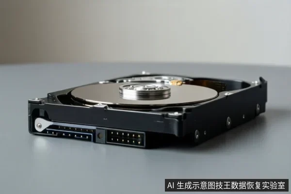 灰色桌面上放置一块打开顶盖的机械硬盘,可见金属盘片、主轴、磁头臂及SATA数据与电源接口。