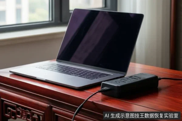 木桌上放着一台屏幕关闭的银色笔记本电脑,旁边是连接线缆的黑色电源适配器,背景为窗户。
