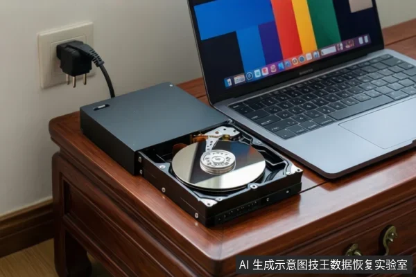 木桌上放一台亮屏笔记本,旁边是打开的硬盘盒,内露机械硬盘盘片与磁头臂,盒顶线缆连到墙上电源插座。