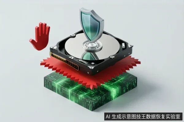 画面中一块机械硬盘悬浮在绿色电路板上方，中间有红色锯齿状层，左侧有红色手掌，上方有盾牌图标。