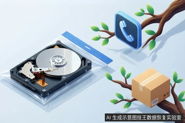 透明防静电袋中放着一块开盖机械硬盘,盘片与磁头臂可见,右侧树枝上挂着蓝色电话图标和一个纸箱包裹。