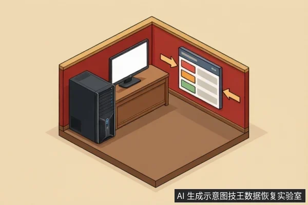 等距视角的房间内,左侧放置黑色台式电脑主机,中间桌子上有显示器,右侧墙上挂着带有彩色方块和箭头的软件界面示意图。