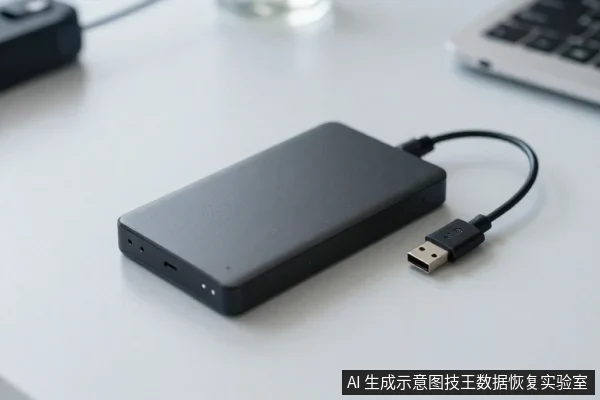 黑色长方形移动硬盘平放在浅色桌面上，侧面有USB接口，数据线插头置于一旁。