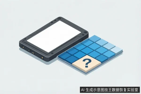 黑色固态硬盘外壳旁排列一组蓝色方块网格，其中一块为米色并带问号，表示待确认的扇区状态