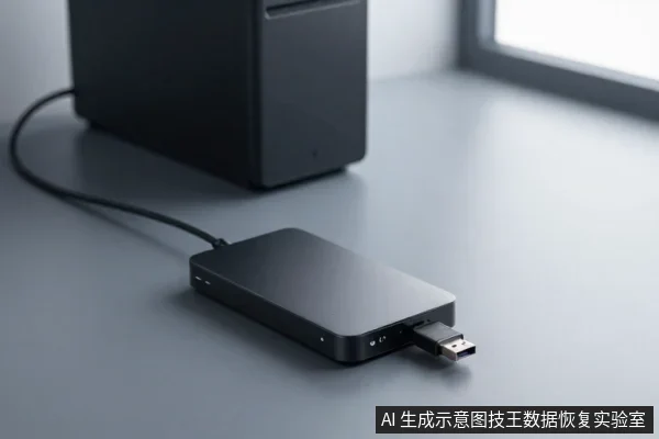 黑色外置硬盘通过线缆连接至黑色主机,硬盘侧面插有USB插头,置于桌面。