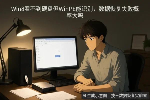 文章内容场景示意图：Win8看不到硬盘但WinPE能识别，数据恢复失败概率大吗