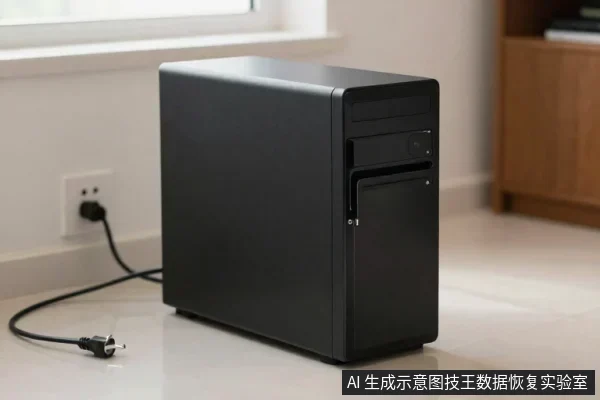 一台黑色台式电脑主机放在浅色地板上,电源线插头散落在地面,未连接墙面插座。