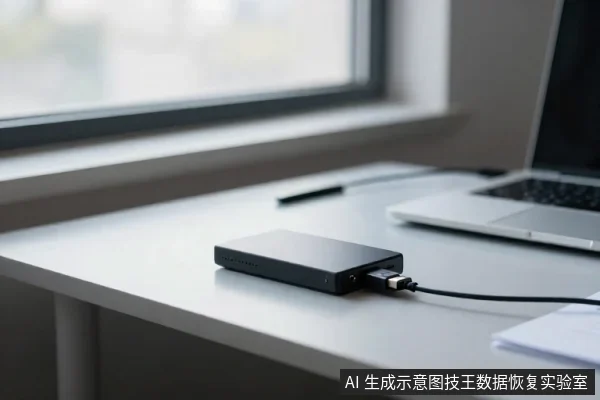 白色桌面上放着一块黑色外置硬盘,通过USB线连接,旁边有笔记本电脑和纸张。