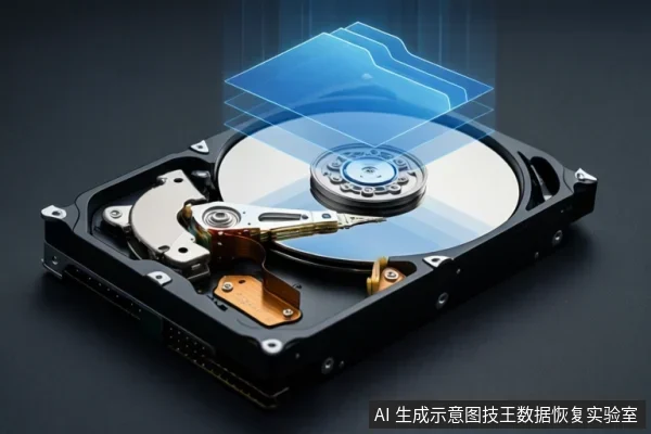Open mechanical hard drive with read/write arm and glowing blue folder icons above platter.
