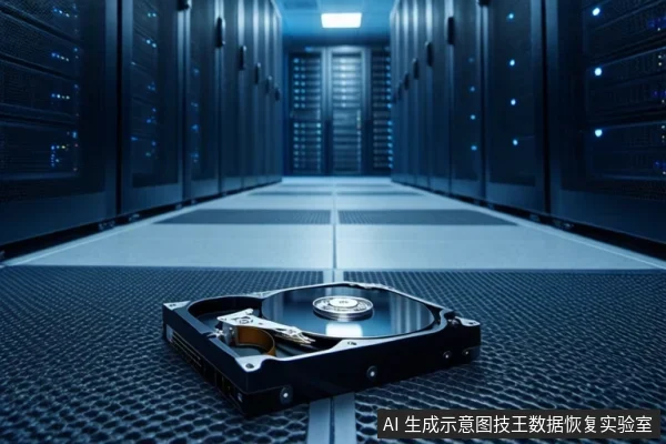 An opened 3.5-inch hard drive rests on a server room floor with racks in the background.