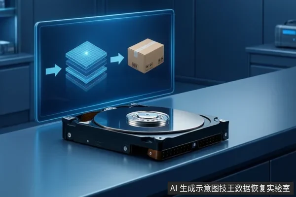 实验桌上放着一个打开的机械硬盘,盘片与磁头臂可见,上方悬浮蓝色屏幕,屏幕内芯片图标经箭头指向一个寄修纸箱。