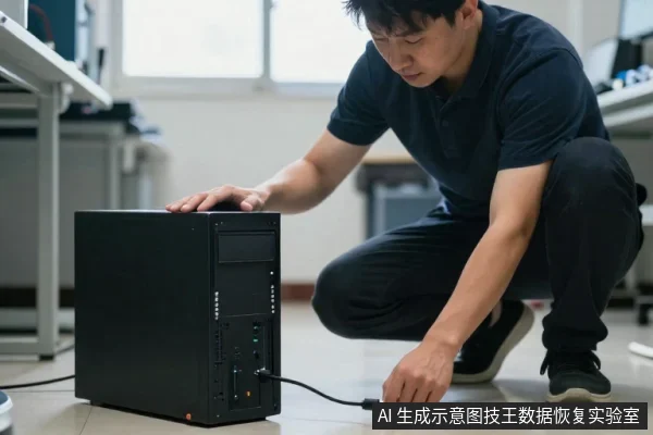 一名男子蹲在桌旁,右手扶着黑色电脑主机,左手将USB线插入主机前面板接口。