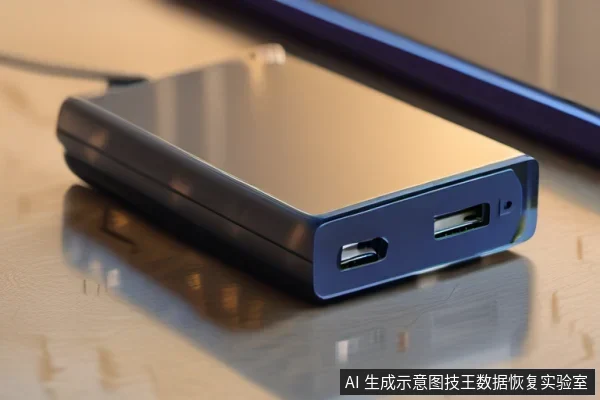 桌面上放置一个深色移动硬盘,侧面可见USB-C与USB-A接口,并连接着一根数据线,背景为显示器边缘。
