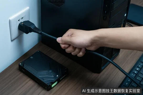 一只手握住连接在墙壁插座上的电源线,桌面上放置着一块机械硬盘和一台台式电脑主机。