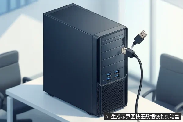 Black desktop PC tower on a white desk with a USB cable plugged into the front panel.