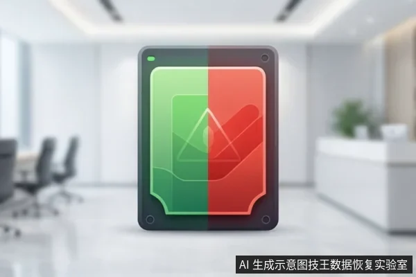 画面中央悬浮一个深色移动硬盘,正面屏幕被分为左右两半,左侧绿色,右侧红色,中间有抽象几何图形,背景为模糊的现代化办公室。