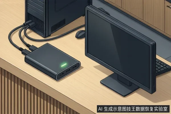 桌面上外置移动硬盘通过USB线连接至黑色台式机,硬盘表面绿色指示灯亮起,旁边摆放显示器、键盘和鼠标。
