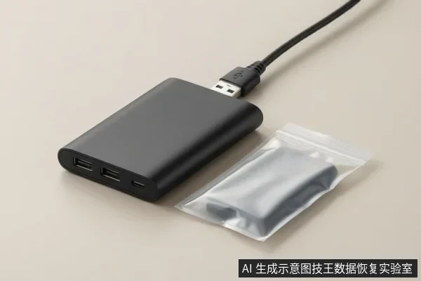 黑色移动硬盘平放桌面,前端接口空置,一根USB线插头悬空未插入,旁边放一个装有灰色物件的透明自封袋。