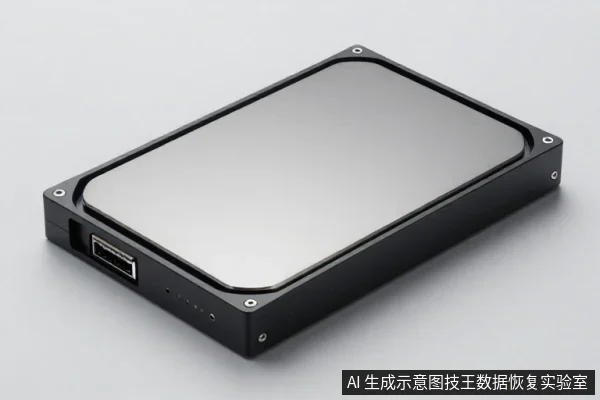 黑色长方形硬盘盒平放于灰色台面，顶部为银色金属盖板，侧面可见数据接口与指示灯。