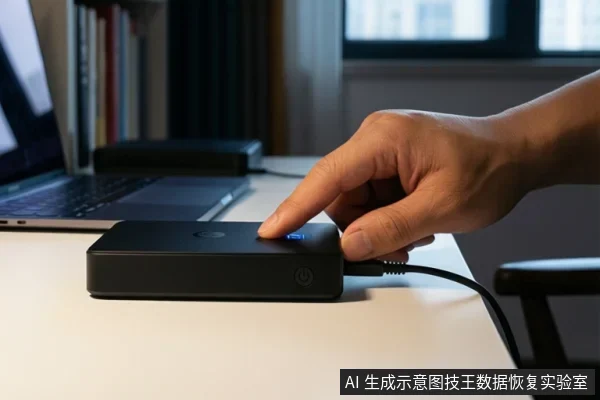 一只手正在按压桌面上一个黑色外接硬盘盒的顶部按钮,旁边连接着数据线,背景有笔记本电脑。