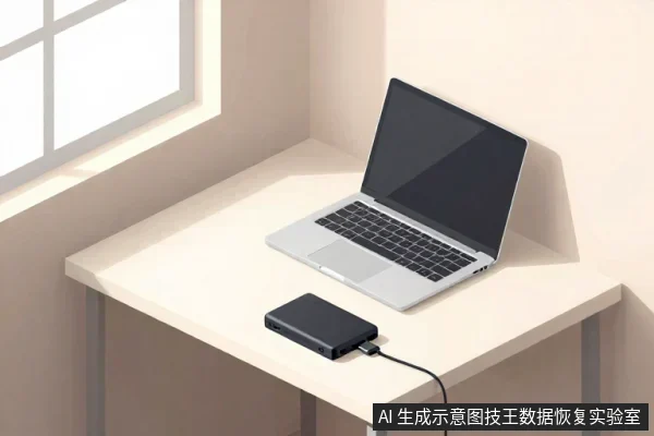 浅色桌面上放着一台打开的笔记本电脑和一个黑色移动硬盘，硬盘通过数据线连接电脑，窗边有自然光照射。