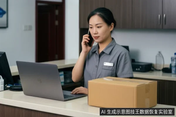 亚洲成年女性穿灰色工作服坐在柜台前手持手机通话,面前桌上放着一台打开的笔记本电脑和一个封好的纸箱。