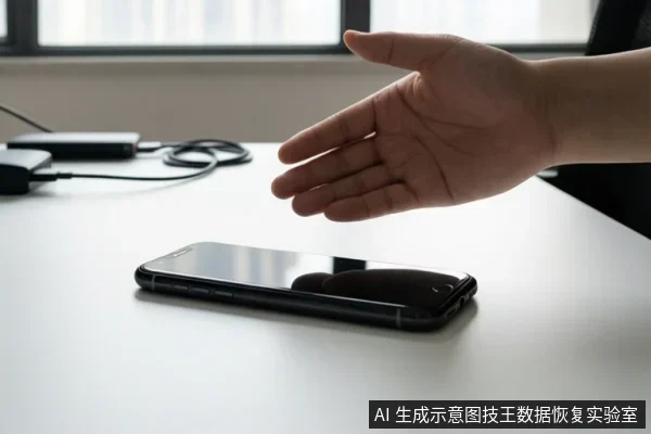 白色桌面上放着一部黑色智能手机，一只手从右侧伸向手机上方，背景有窗户和充电线。