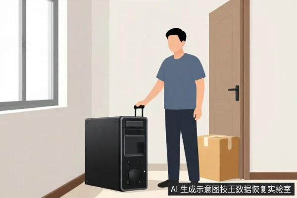 一名男子站在室内，手扶黑色台式电脑主机顶部提手，旁边地上放着一个纸箱。