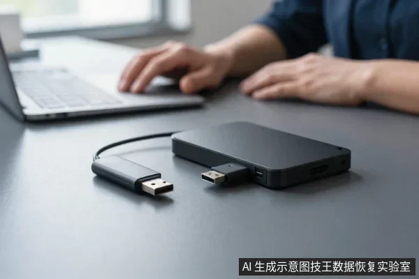 一名穿深色衬衫的人坐在桌前使用笔记本电脑，桌面放着一块黑色移动硬盘和两个USB闪存盘，其中一个U盘插在硬盘侧面接口上。