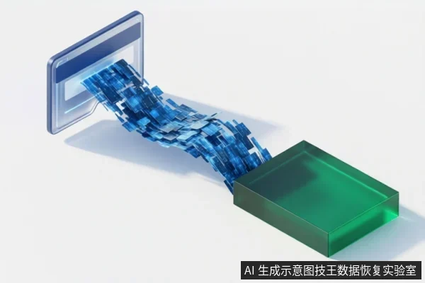 蓝色数据流从左侧透明存储卡状物体流向右侧绿色存储盒,示意数据复制过程。