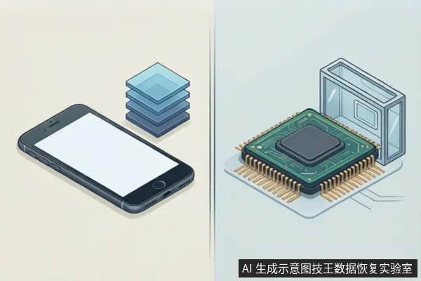 等距插画,左侧平放一部智能手机,旁有层叠蓝色方块图标;右侧为一块带金色引脚的绿色芯片,旁有透明外壳结构。