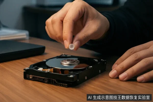 木桌上放置一块打开外壳的机械硬盘,盘片与磁头结构可见;一只手捏着白色小圆片悬停在盘片上方,另一只手扶在桌边。