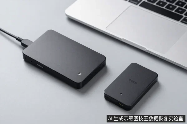 灰色桌面上放着一台银色笔记本电脑、一个黑色外置硬盘盒和一个黑色小型存储设备,硬盘盒连接着数据线。