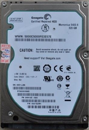 今接到客户盘，接在MHDD上不能认盘并且有“咔哒咔哒”敲盘声，初步断定为是磁头坏了，型号为ST9320325AS 5400.6，在技王备件库里找到相同的备件，然后